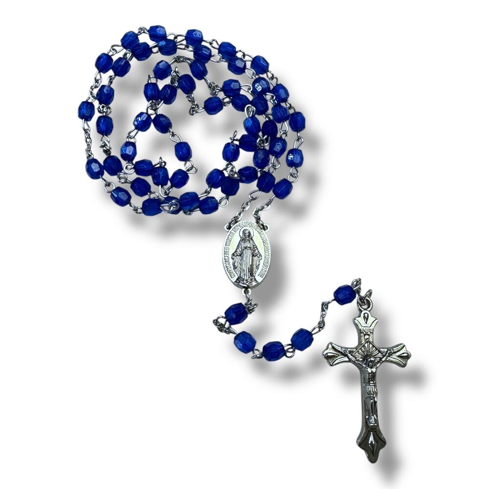 Vintage Blue Beaded Rosary with Silver-Tone Accents